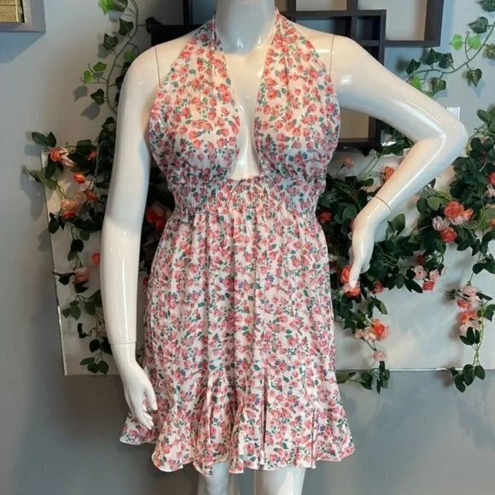 Cupshe Floral Cut Out Halter Skater Ditsy Print Backless Tie A-Shape dress Large